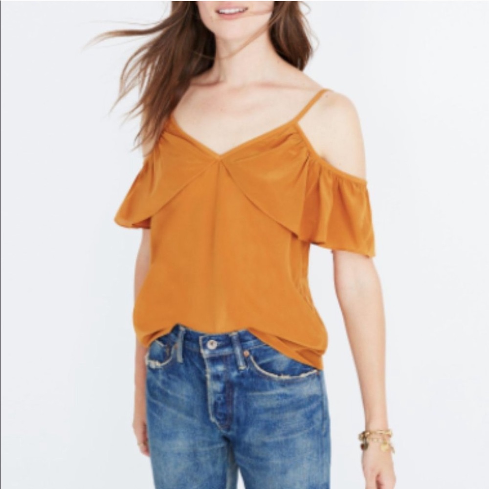Madewell Mustard yellow cold-shoulder silk top
